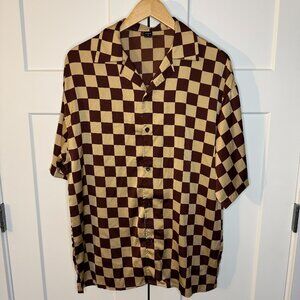 Shein Unisex Short Sleeve Brown Checkered Button Up Oversized Shirt Silky Size S